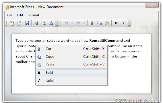 Rich text editor sample demonstrating routed command